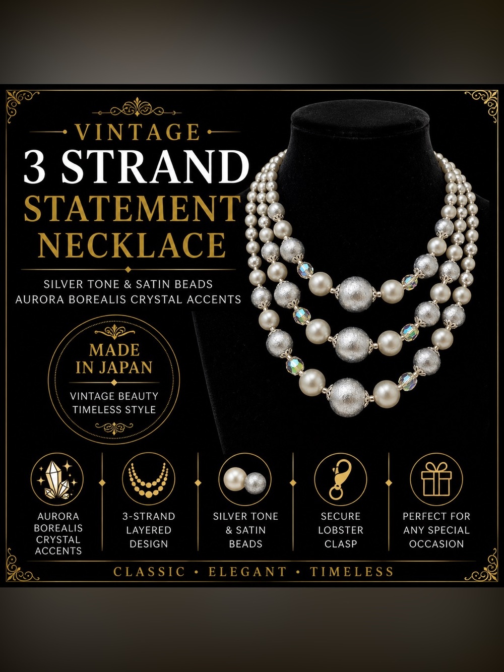 Vintage Signed Japan 3 Strand Silver Gray Satin Bead Pearl Neclace